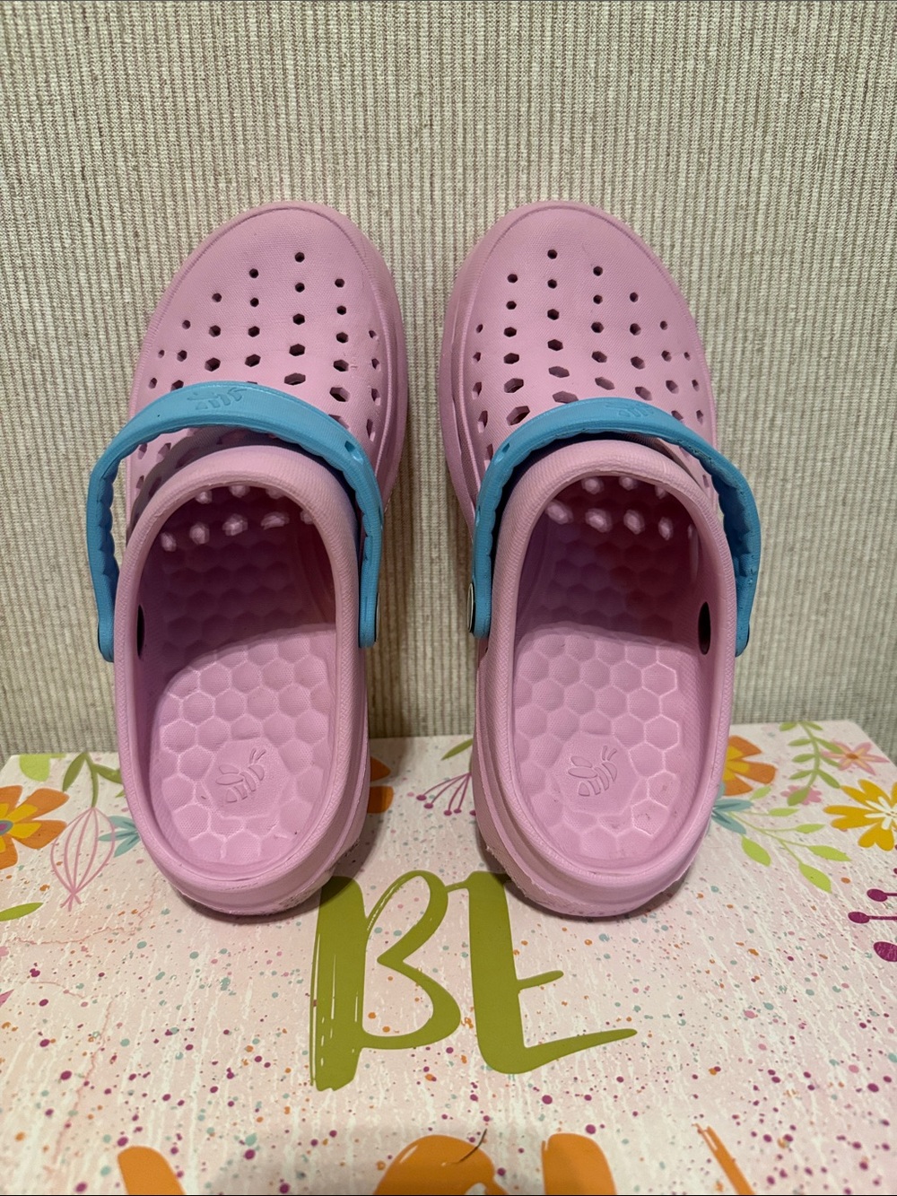 Girls JoyBees Pink Foam Clog Sandals with Blue Heel Strap